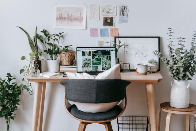 home workspace setup with plants, pictures